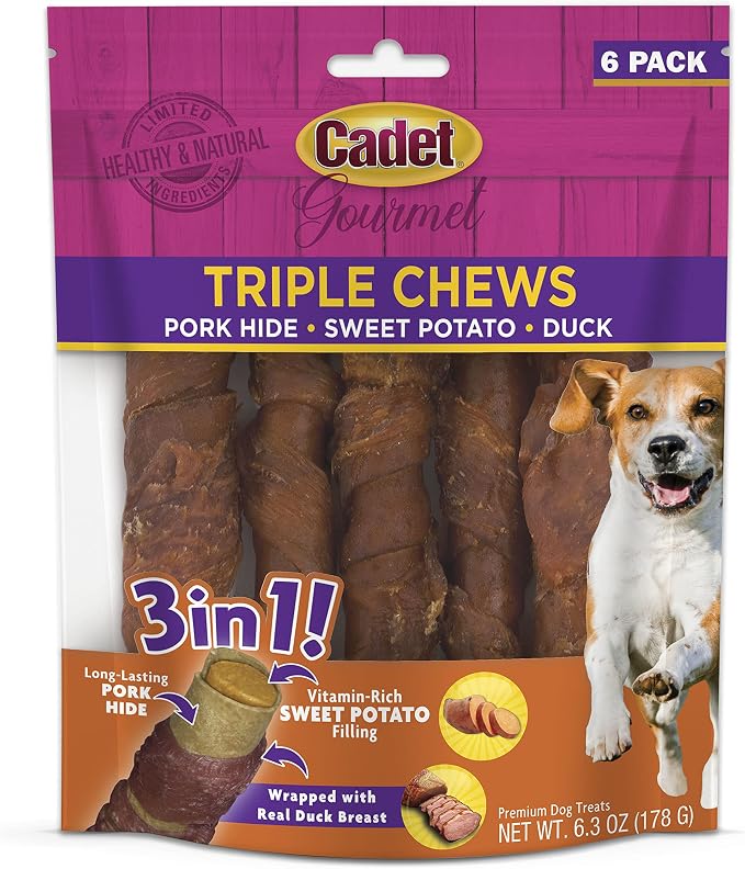 Gourmet Triple Chews Pork Hide, Sweet Potato, & Duck Dog Treats - Healthy Dog Treats for Small & Large Dogs - Inspected & Tested in USA (6 Count)