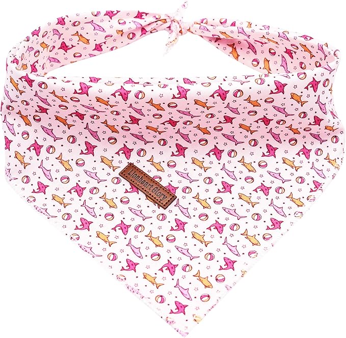 Lionheart Glory Pink Shark Dog Bandana - Washable Soft Dog Scarf, Square Adjustable Cute Bandanas for Medium Large Dogs