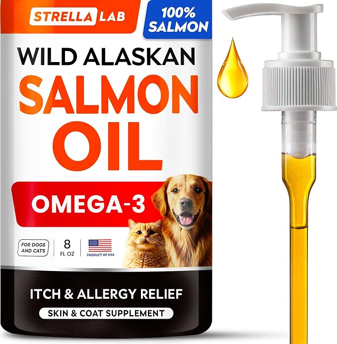 Wild Alaskan Salmon Oil for Dogs - Natural Omega 3 for Dogs & Cats, Itch & Allergy Relief, Skin & Coat Support - Fish Oil Liquid, EPA+DHA Fatty Acids for Hip&Joint, Immune&Heart Health 8 Oz