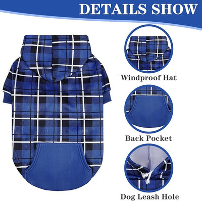 EXPAWLORER Plaid Dog Hoodie - British Style Warm Dog Sweater Shirt with Leash Hole,Pitbull Clothes Outfits,Winter Coat Apparel for All Breeds Puppy Girl Boy-Cat Apparel,Navy Blue S-Medium