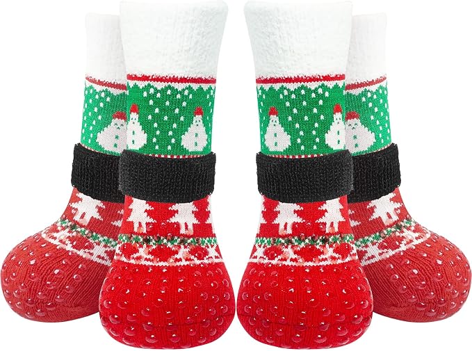 Christmas Anti-Slip Soft Dog Socks for Hardwood Floor,Warm Dog Shoes,Paw Protectors for Cold Pavement,Prevent Licking,Traction Control for Small Medium Large Senior Dogs