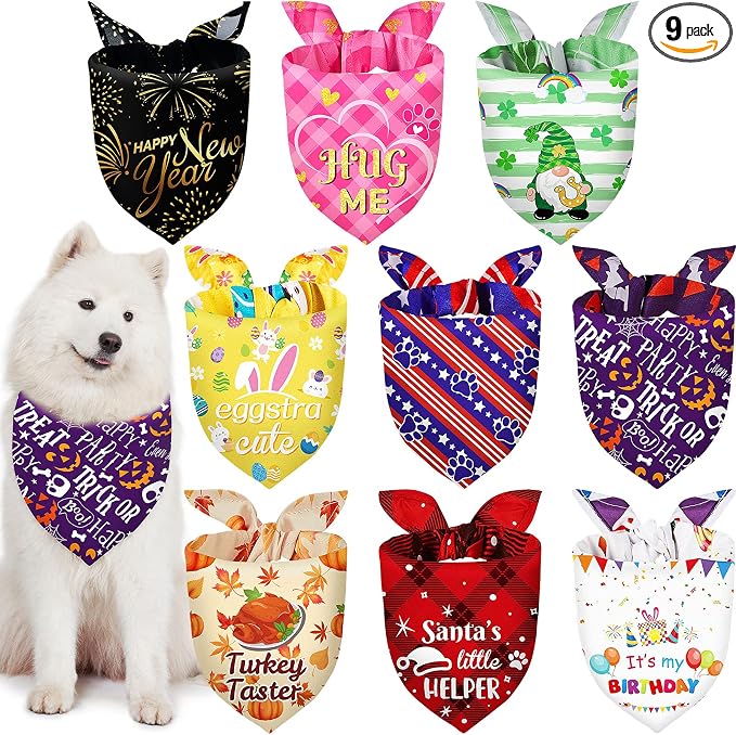 9 Pcs Holiday Dog Bandanas Halloween Trick or Treat Thanksgiving Christmas Bandanas Birthday Scarf Adjustable Large Pet Washable Scarves for Medium Boy Costume Supply