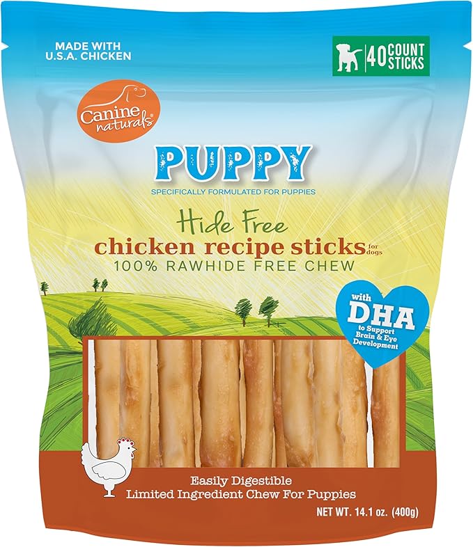 Puppy Chicken and Rice Chew - Rawhide Free Puppy Treats - Made with USA Chicken - All-Natural & Easily Digestible - 40 Pack of 5-Inch Sticks for Puppies