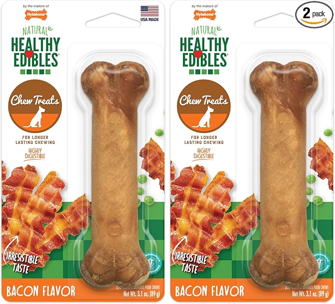 Healthy Edibles Natural Dog Chews, Long Lasting Bones for Dogs, Bacon Flavor Dog Treats, Medium (1 Count) (Pack of 2)