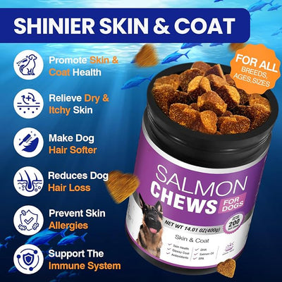 Omega 3 Skin and Coat Supplement for Dogs 200 Chews Dog Fish Oil Supplements with EPA & DHA Fatty Acids Dry Skin Relief for Dogs Shedding Allergy Itching Promotes Heart Hip Joint Health Salmon Flavor