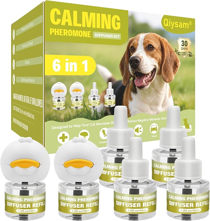 Calming Diffuser for Dog 6 in 1 Kit Appeasing Dog Pheromone Diffuser Kit to Calm (2 Plug in+4 Pack 48ml Refill) for Anxiety Relief Reduce Fighting Barking Stress 120 Day Supply(Tasteless)