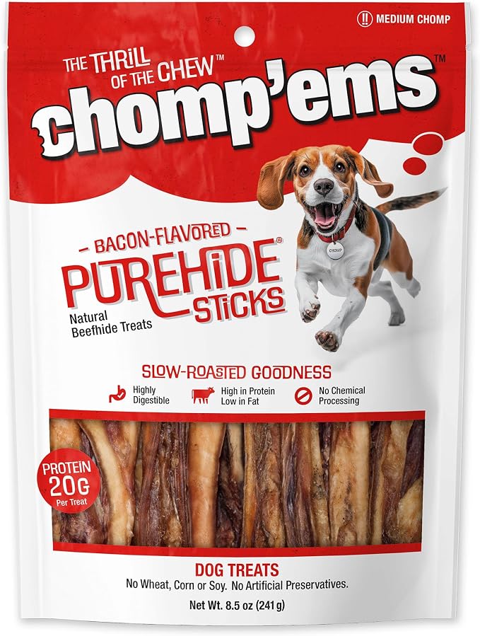 CHOMP EMS Purehide Chews - Slow Roasted Naturally Delicious Rawhide Dog Treats - High Protein Beef Hide - Bacon Flavor, Sticks, 8.5 Oz.