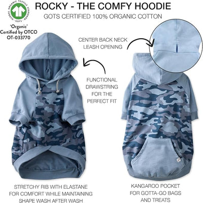 Pet Passion Rocky – The Original Lightweight Hooded Tee 100% Organic Cotton Dog Hoodie Pet Coat Sweater for All Sized Dogs, Navy Half Camo, Medium (20-45 lbs)