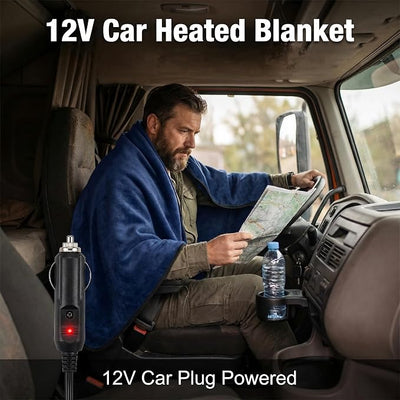 12V Car Heated Blanket & Wearable Shawl – Electric Fleece Travel Throw with Zipper for Truck Drivers, RV & Winter Road Trips – Fast Heating, Soft Flannel