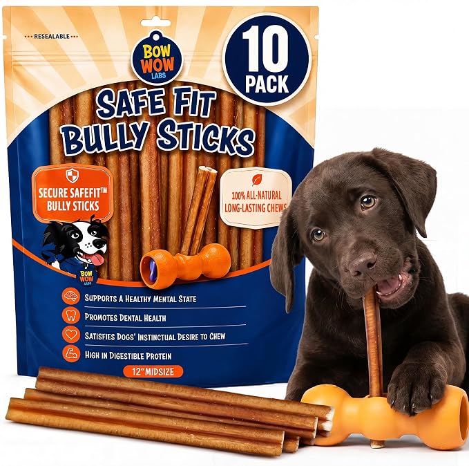 SafeFit™ Bully Sticks for Dogs - 100% All Natural Beef Sticks, Grass-Fed, Low Odor, Long Lasting Dog Chew, Dog Chew Treats, Bully Stick for Small, Medium, Large Dogs - 12" Midsize 10 Pack