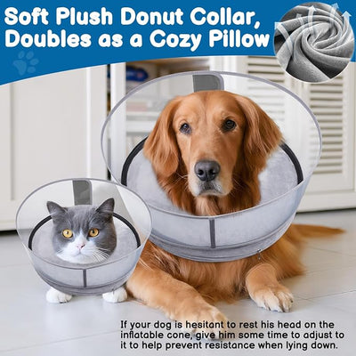 BARKLESS Dog Donut Collar, 2-in-1 Inflatable Dog Collars for After Surgery to Stop Licking Wounds, Patented Protective Donut Cone with Higher Shield for Large Pets (Grey, XL-Long)