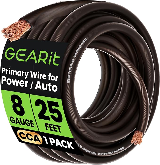 GEARit 8 Gauge Wire 25 ft Black, 8 AWG Battery Cable CCA, Copper-Clad Aluminum Ground Cable for Car Audio Amp, Automotive, RV