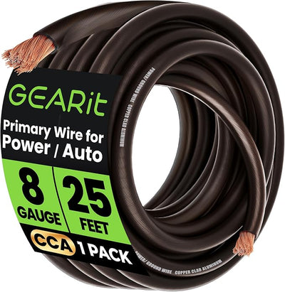 GEARit 8 Gauge Wire 25 ft Black, 8 AWG Battery Cable CCA, Copper-Clad Aluminum Ground Cable for Car Audio Amp, Automotive, RV
