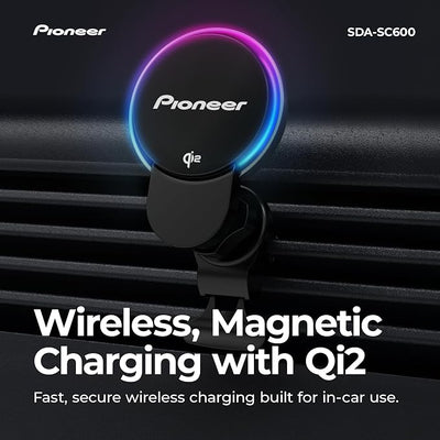 Pioneer Qi2 Wireless Car Charger and Magnetic Phone Holder Mount for Air Vent - MagSafe Compatible Car Phone Charger for iPhone and Android with Cooling Fan, RBG Illumination, Includes Metal Ring
