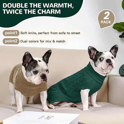 Dog Sweater 2 Pack for Medium Dogs, Size M, Green & Brown | Stretchy cable knit turtleneck, machine washable, high belly cut, comfy winter fit for French Bulldog, Pug