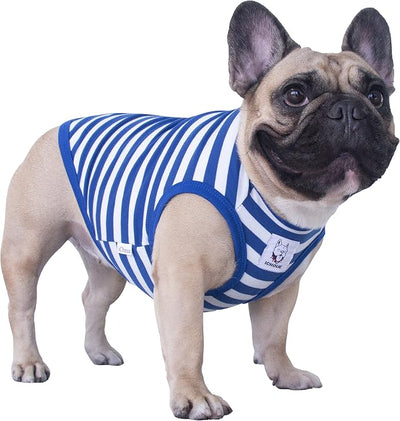 iChoue French Bulldog 100% Breathable Cotton Striped T Shirts Halloween Vest Clothes for Medium Dogs Tank Tops Frenchie Pug English Boston Terrier Pitbull White Blue Stripes - Large Plus