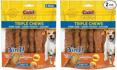 Cadet Gourmet Triple Chews Long-Lasting Pork Hide Sticks with Sweet Potato and Chicken, Healthy Dog Treats for Small & Large Dogs, 6 Count (Pack of 2)