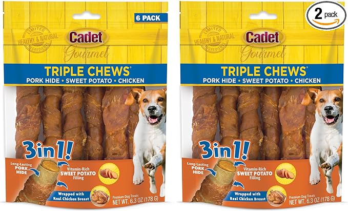 Gourmet Triple Chews Long-Lasting Pork Hide Sticks with Sweet Potato and Chicken, Healthy Dog Treats for Small & Large Dogs, 6 Count (Pack of 2)