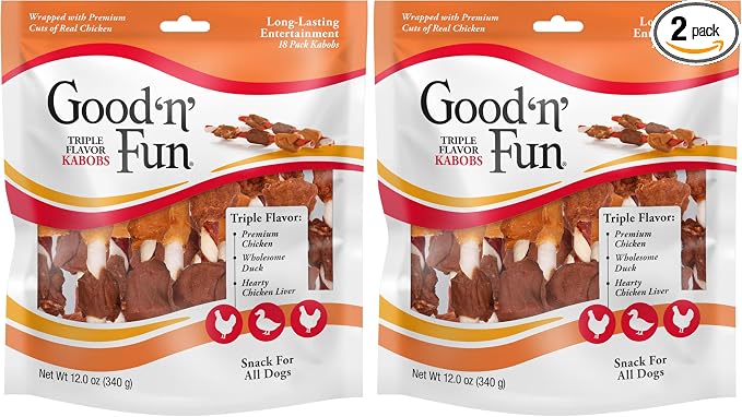 Triple Flavor Kabobs Chews for All Dogs, Treat Your Dog to Chews Made from Beef Hide, Real Chicken, Pork Hide, Duck and Chicken Liver, 18 Count (Pack of 2)