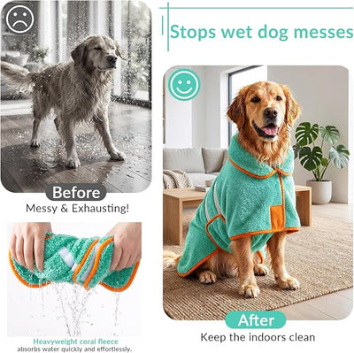 Bienbee Dog Bathrobe, Quick Drying Super Absorbent Pet Robes for Small Medium Large Dogs, Drying Coat for After Bath & Swim, Warm & Cozy Dogs Towels, Dog Puppy Bath Supplies, Lake Green L