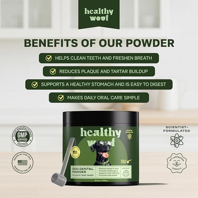 Dog Dental Powder with Icelandic Kelp, Enzymes & Green Tea – Dog Breath Powder & Tartar Remover – Dental Cleaning for Dogs – 8.5 oz (120 Servings)
