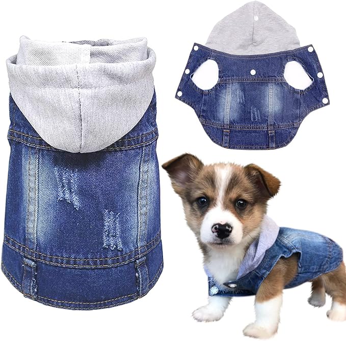 SILD Pet Clothes Dog Jeans Jacket Cool Blue Denim Coat Small Medium Dogs Lapel Vests Classic Hoodies Puppy Blue Vintage Washed Clothes (Grey,XXL)