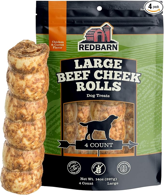 Pet Products All-Natural Large Beef Cheek Rolls for Dogs, Chicken & Carrot Glazed - Single Ingredient Grain-Free Chew Treat Naturally Rich in Collagen - Packaging May Vary, Pack of 4