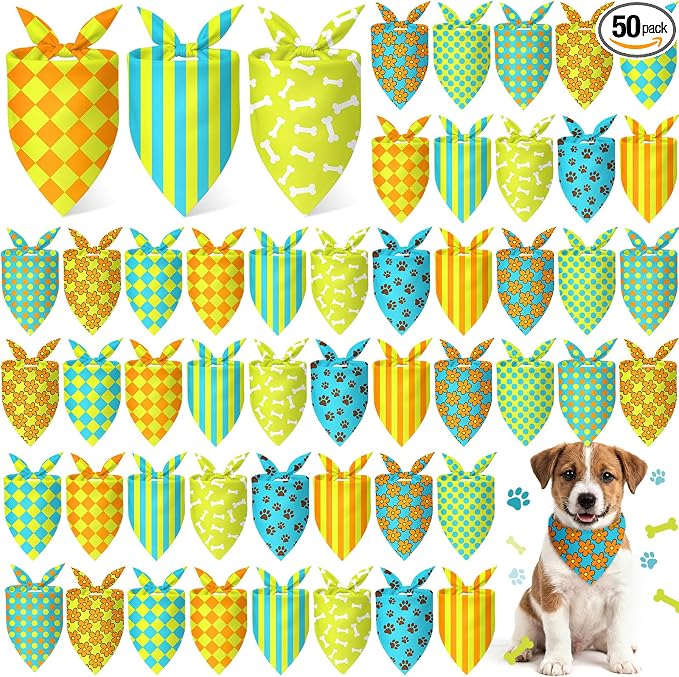 50 Pcs Cartoon Dog Bandana Bulk for Hippie Paw Print Flower Adventure Cute Triangle Soft Dog Bibs Summer Theme Birthday Party Supplies for Small Medium Large Costume 19.7 x 13.8 x 13.8 Inch