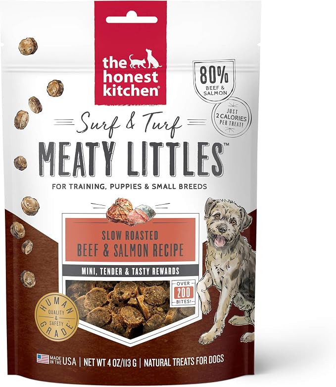 Human Grade Dog Treats Surf & Turf Meaty Littles: Beef & Salmon Recipe, 4 oz Bag
