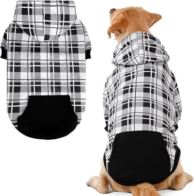 EXPAWLORER Plaid Dog Hoodie - British Style Warm Dog Sweater Shirt with Leash Hole,Pitbull Clothes Outfits,Winter Coat Apparel for All Breeds Puppy Girl Boy-Cat Apparel,Black & White Large