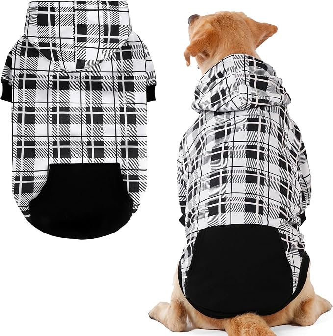 EXPAWLORER Plaid Dog Hoodie - British Style Warm Dog Sweater Shirt with Leash Hole,Pitbull Clothes Outfits,Winter Coat Apparel for All Breeds Puppy Girl Boy-Cat Apparel,Black & White X-Large
