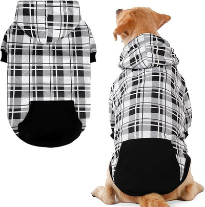 EXPAWLORER Plaid Dog Hoodie - British Style Warm Dog Sweater Shirt with Leash Hole,Pitbull Clothes Outfits,Winter Coat Apparel for All Breeds Puppy Girl Boy-Cat Apparel,Black & White X-Large