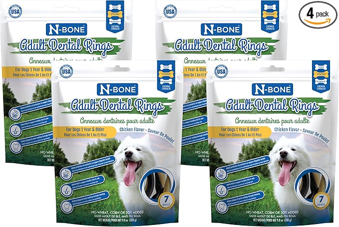 Adult Dental Rings Chicken Flavor Dog Treats, 7 Count 9.8-oz Bag, Brown, 1 Count (Pack of 4)