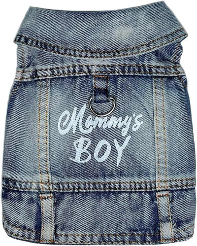 Dog Jeans Jacket Mommy's Boy Denim,Breathable Cotton Blue Pet Coat for Puppy Small Dogs Classic Overalls Male Cat Costumes Apparel Washed Vest Clothes Outfit T-Shirts（Small）