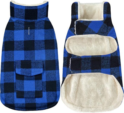 Malier Classic Plaid Fleece Dog Jacket with Pocket - Windproof Warm Coat Vest for Small to Large Dogs (Blue, Large)
