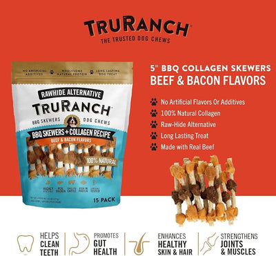 TRURANCH 5" BBQ Collagen Skewers - Collagen Dog Chews - Long Lasting Healthy Joint Support - Rawhide Alternative - Skin & Coat Health, Value Pack, 3 Bags, 45 Count