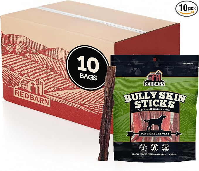 Bully Skin Sticks 10-Pack 100% Natural Single-Ingredient Beef Pizzle Dog Chews Long Lasting Rawhide-Free Dental Wellness Treats for Small Medium Large Dogs 8 oz Case
