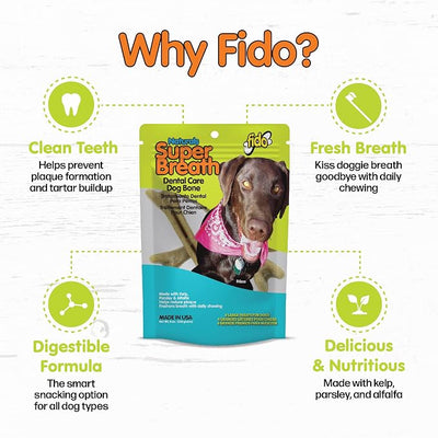 Fido Super Breath Dental Care Bones for Dogs, Large - 4 Count - Fresh Breath Dog Dental Treats for Large Dogs - Plaque & Tartar Control - Made in USA