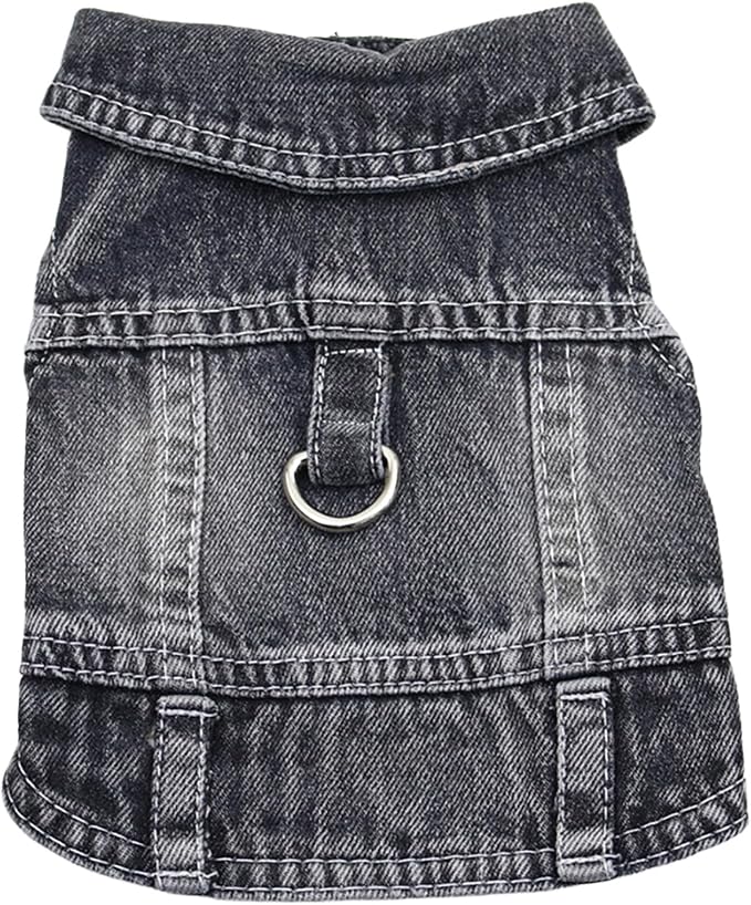 Puppy Clothes for Small Dogs Boy,Classic Western Denim Dog Coat,Dog Jeans Jacket with Leash D-Ring,Pet Cat Costumes,Cooling Harness Vest for Walking (Black, X-Large)