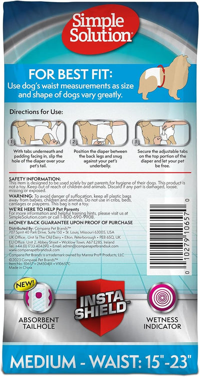Simple Solution Dog Diapers, Medium, Female Dogs, Waist 15-23 in | Super Absorbent | Wetness Indicator | Disposable | 30 Count