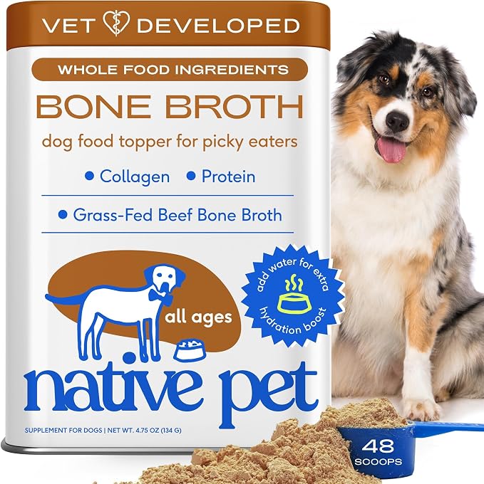 Bone Broth for Dogs - Made with Real Beef Bone Broth, Dog Food Toppers for Picky Eaters - Provides Extra Hydration & Nutrition for Joint Strength, Immunity & Heart Health-48 Scoops