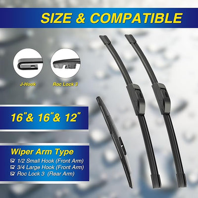 5 PLUS® Windshield Wiper Blades Replacement for 2023-2018 Jeep Wrangler Windshield Wipers (Pack of 3), Automotive Replacement Windshield Wiper Blades For My Car Water Repellent-16"/16"/12"