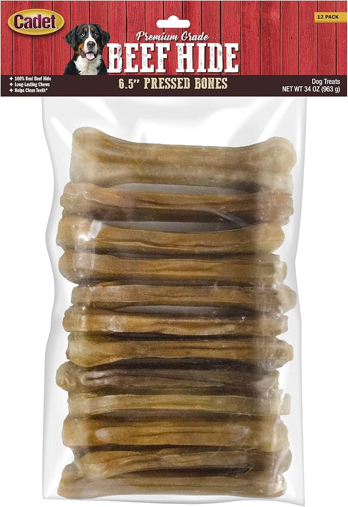 Premium Grade Pressed Beef Hide Bones, Long Lasting Rawhide Dog Chews, 6.5 Inch (12 Count)