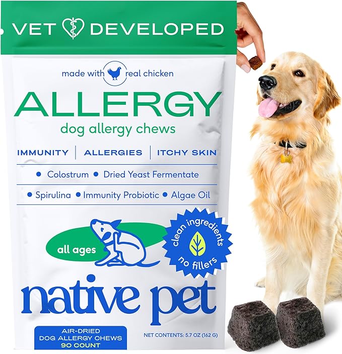 Native Pet Dog Allergy Chews - Dog Allergy Relief for Medium Breeds - Supports Seasonal Itch Relief, Healthy Immune Function & Reduces Sneezing - Colostrum, Spirulina, & Probiotics - 90 Days Supply