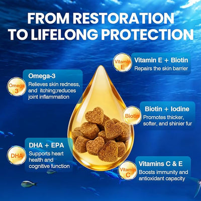 Omega 3 Skin and Coat Supplement for Dogs 200 Chews Dog Fish Oil Supplements with EPA & DHA Fatty Acids Dry Skin Relief for Dogs Shedding Allergy Itching Promotes Heart Hip Joint Health Bacon Flavor