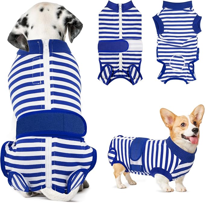 Lukovee Recovery Suit for Dogs - Zipper Onesie for Female & Male Dogs, Abdominal Wounds Cone E-Collar Alternative, Prevent Licking - Spay Recovery Suit (Small, Blue & White)