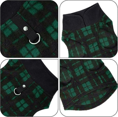 Rbenxia 1 PC Plaid Dog Sweaters with Leash Ring Soft Fleece Vest Dogs Pullover Warm Jacket Pet Dogs Clothes Winter Dog Outfits for Small Puppy Cat Pets (Green and Black, Small)