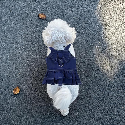 1 Pcs Cute Dog Dress Puppy Clothes with Bownot for Female Girl Small Dogs Outfits Harness for Outdoor Walking Birthday Party Denim Skirt M