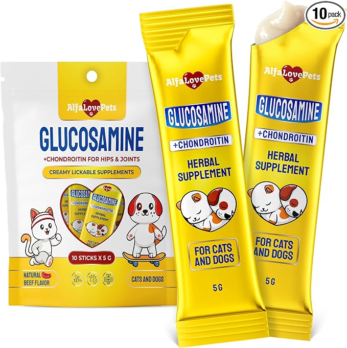 Glucosamine for Cats with Chondroitin, MSM & Taurine – Lickable Cat Joint Supplement Supports Hip Mobility & Ligament Strength – Helps Maintain Flexibility – Natural Beef Flavor – 10 Sticks in Pack