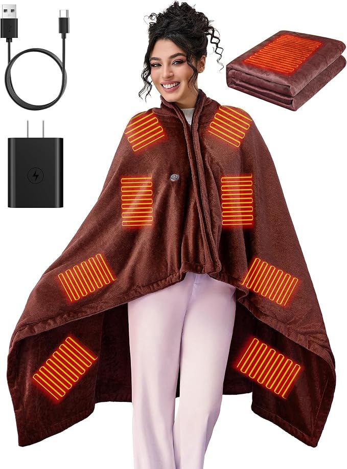 Portable Cordless Heated Blanket, Wearable Electric Blanket with, (Battery Not Included)，USB Heated Shawl